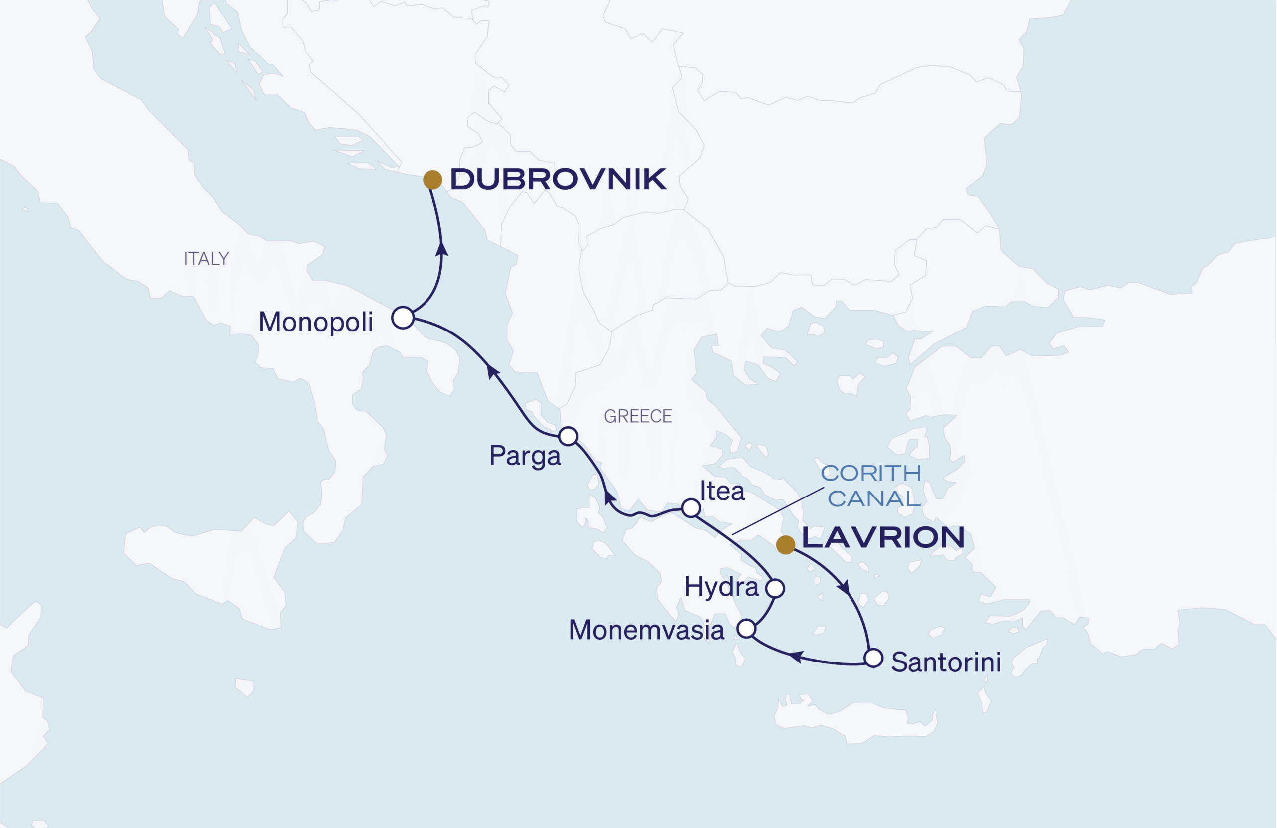 Map for Athens to Dubrovnik