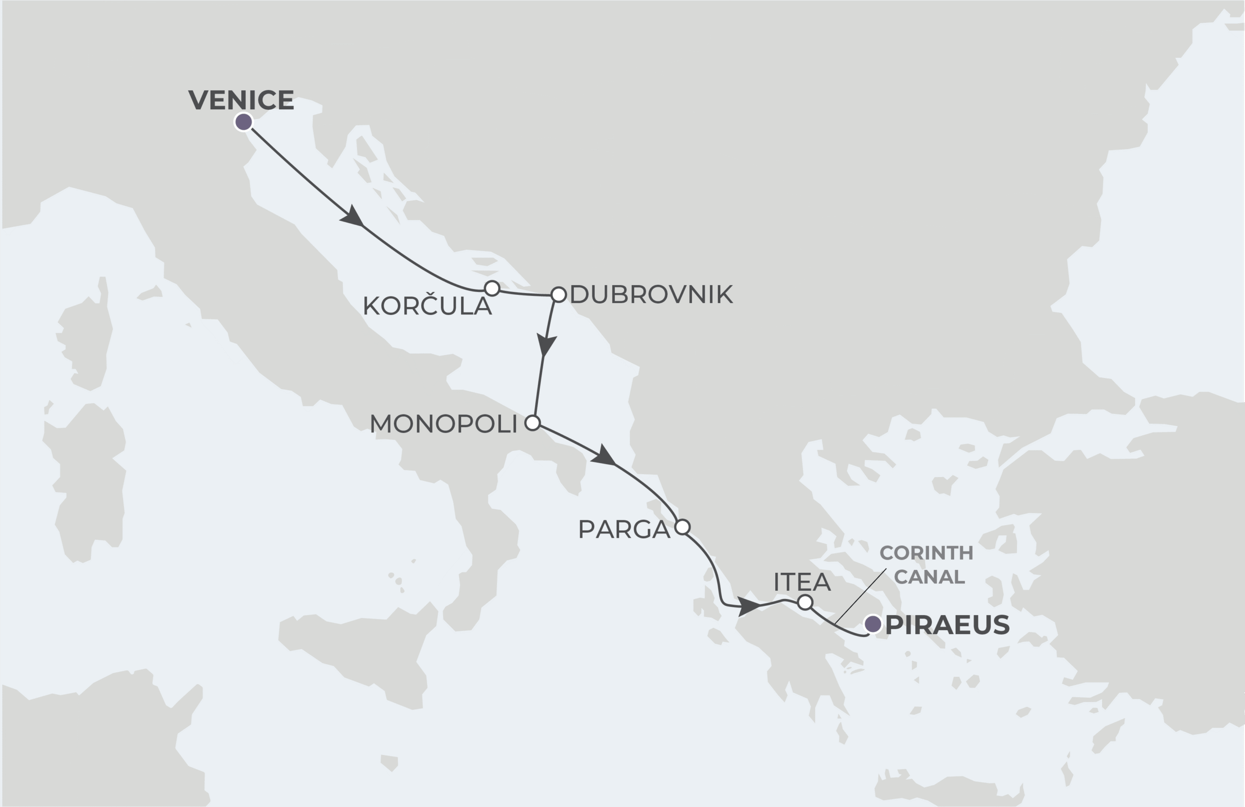 Map for Venice to Athens